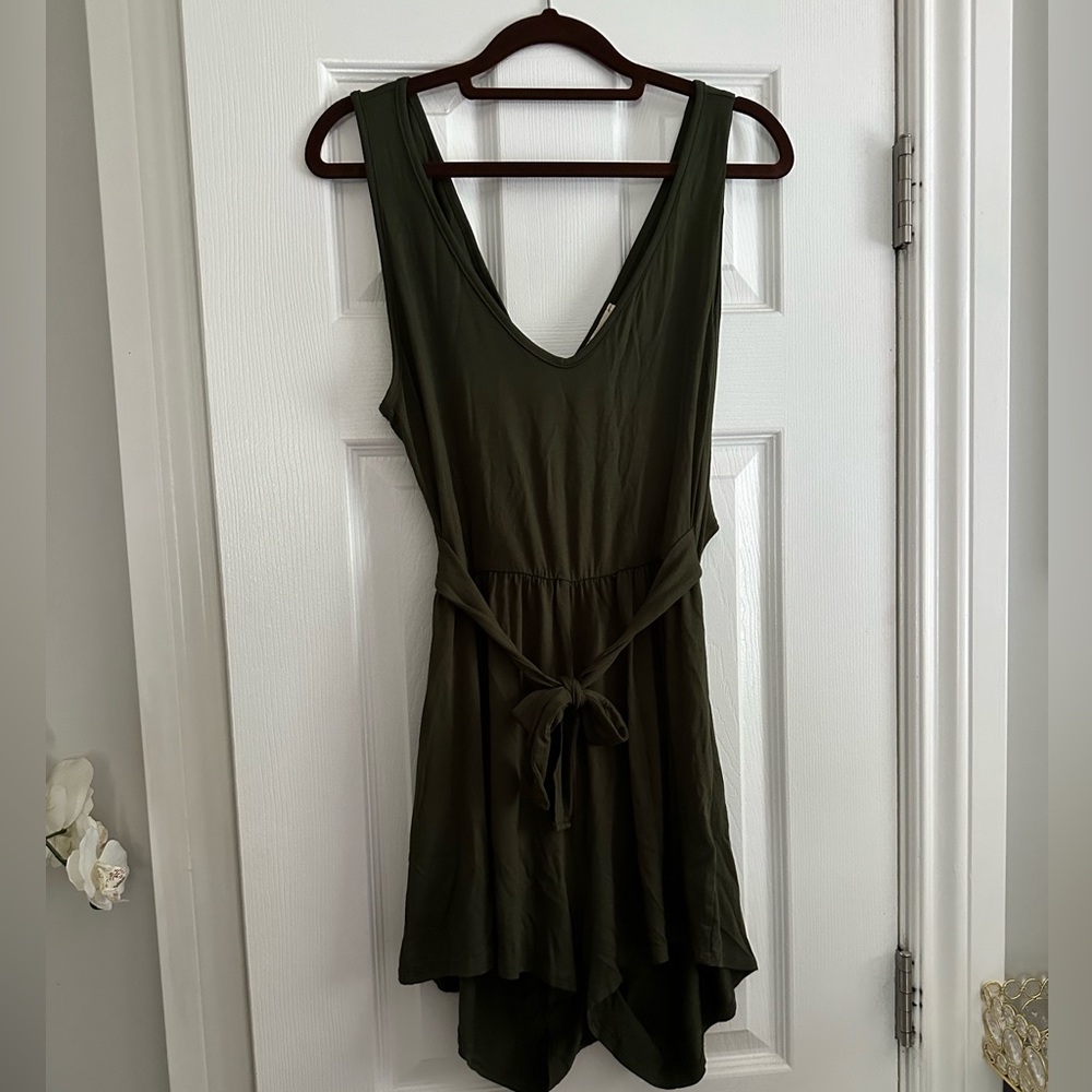 Olive Green sleeveless romper with waist tie